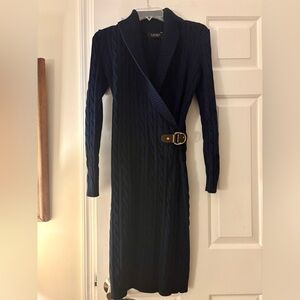 Ralph Lauren Navy Cable Knit Wrap Midi Dress Shawl Collar Leather Buckle XS